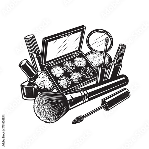 Cosmetics and makeup tools black and white graphic illustration set.
