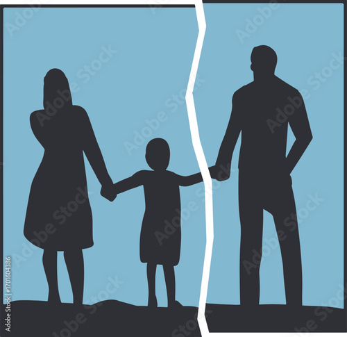 Silhouette of Separated Family with Child Vector. Represents divorce, child custody, family conflict, and broken relationships. Perfect for concepts of separation, sadness, and family issues.