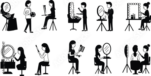 Vector illustration of makeup artist applying cosmetics at beauty salon with brushes, mirrors, palettes, tools, fashion stylist makeover scene.