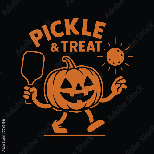 Pickle and Treat Funny Pumpkin Pickleball Halloween Sport T-Shirt Design Illustration,generative ai