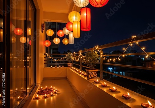 Photo of festive diwali balcony decoration with lanterns, lights, and diyas at night, creating a warm and inviting atmosphere for the hindu celebration