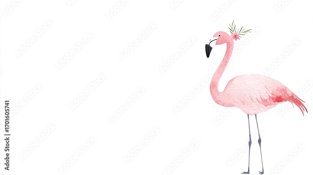 Obraz premium Pink Flamingo Standing with a Tropical Flower Arrangement in Beak