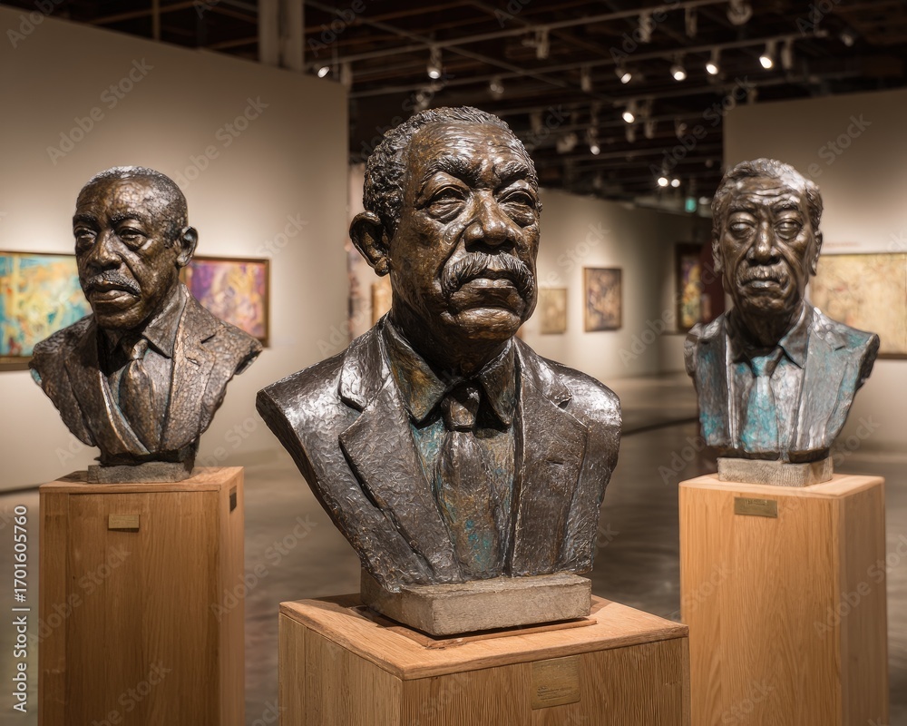 Naklejka premium Three Bronze Bust Sculptures in Museum Gallery