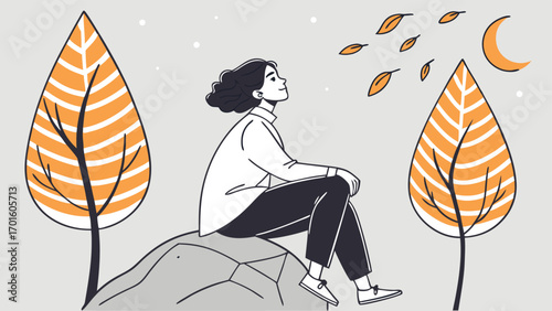 A woman sits on a rock under a night sky with a moon and stars, surrounded by autumn trees and falling leaves, in a moment of quiet contemplation