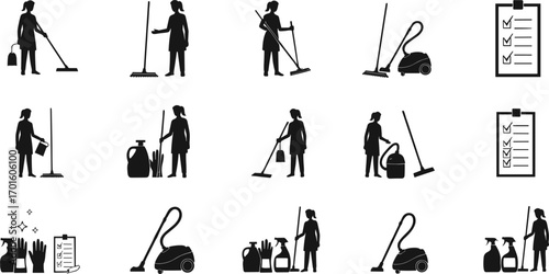 Vector illustration of cleaning service workers with mop, vacuum cleaner, detergents, gloves, checklists, sanitation equipment, hygiene tools and supplies.