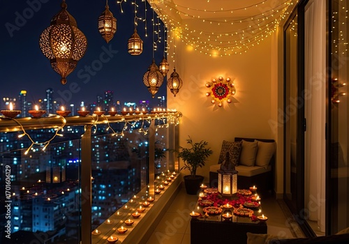 Photo of balcony adorned with lights and diyas for diwali celebration, creating a festive atmosphere with illuminated cityscape in the background at night
