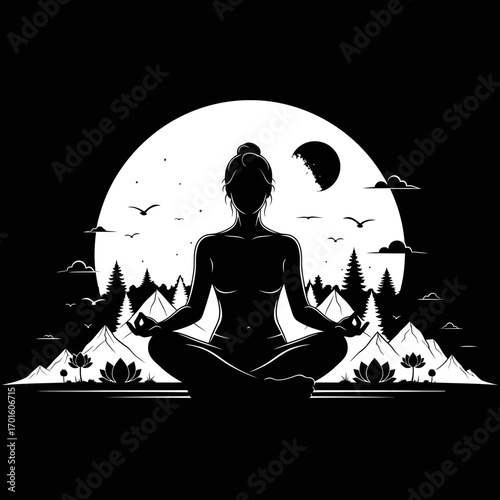 Meditative yoga silhouette with moonlit mountains evokes peaceful wellness and mindful reflection on nature's beauty