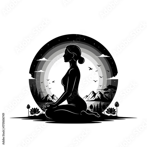 Find inner peace with this woman meditating in nature, perfect for wellness campaigns and mindful living promotions today