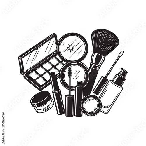 Cosmetics and makeup tools black and white graphic illustration set.

