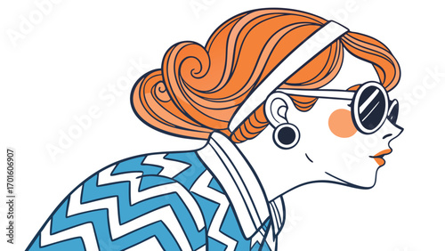 Stylish woman with retro hairstyle and sunglasses, wearing a blue and white zigzag pattern shirt, isolated on white background