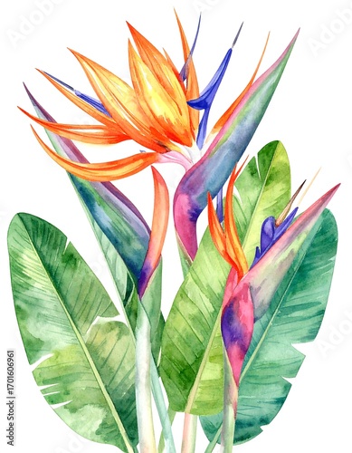 Watercolor illustration of vibrant bird of paradise flowers and tropical leaves