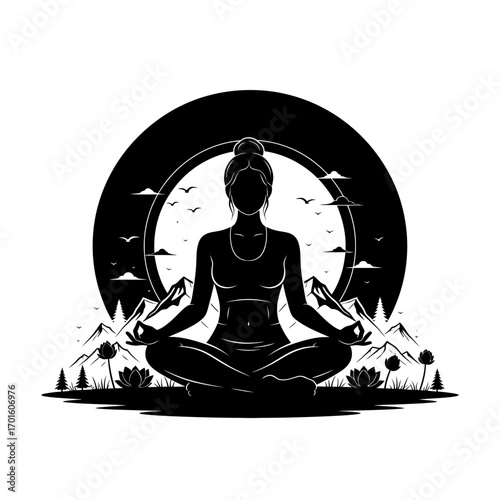 Find your inner peace with this mindful meditation pose silhouette against mountain scenery, a zen moment for clarity and balance
