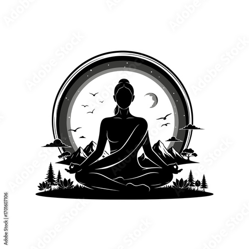 Find inner peace with a woman meditating under moonlight in nature, a mindful wellness lifestyle graphic for relaxation