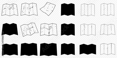 Collection of stylized maps, some open and detailed, others folded or in silhouette, arranged on a transparent background.