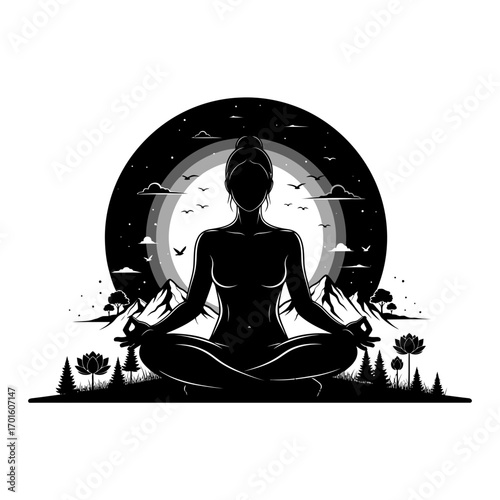 Serene yoga silhouette in lotus pose against stunning mountain landscape and moonlit sky for wellness and mindfulness