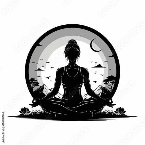 Find inner peace with this beautiful yoga pose silhouette against a serene mountain backdrop, ideal for wellness branding