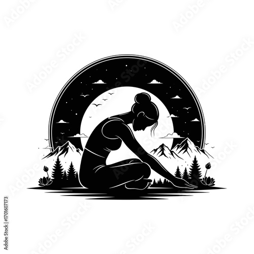 Elegant silhouette of woman practicing yoga in nature, finding inner peace and mindfulness under starry sky