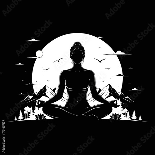 Serene black and white yoga silhouette meditating under the moon amidst mountains and nature for wellness posters