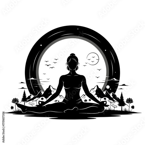 Find inner peace with this mindful yoga silhouette against a stunning mountain landscape and serene moonlit sky