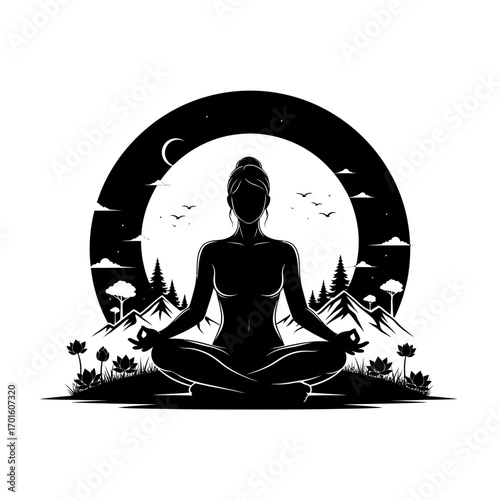 Find inner peace with this serene yoga silhouette in a tranquil mountain setting under the moonlight for mindful relaxation