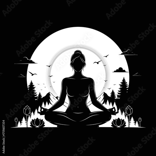 Meditative silhouette of woman practicing yoga against a moonlit mountain landscape for wellness and lifestyle brands
