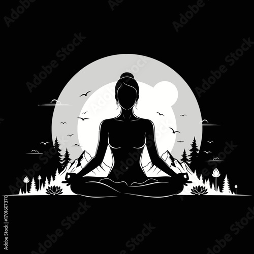Find inner peace with a stunning yoga silhouette against a majestic mountain landscape and serene moon backdrop