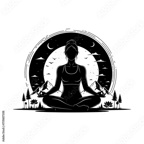 Find inner peace with this stunning yoga pose graphic against a serene mountain and moon backdrop for wellness brands