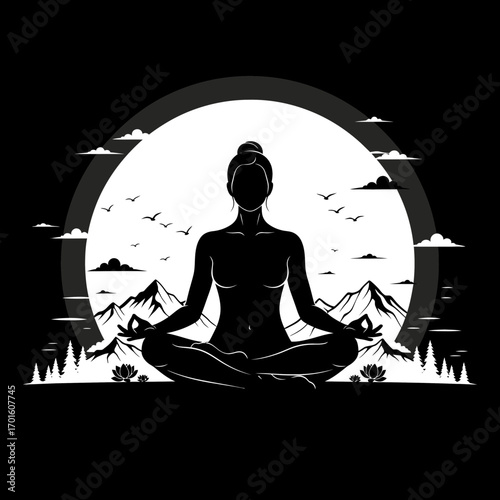 Find inner peace with this silhouette of a woman meditating against a serene mountain background under a full moon