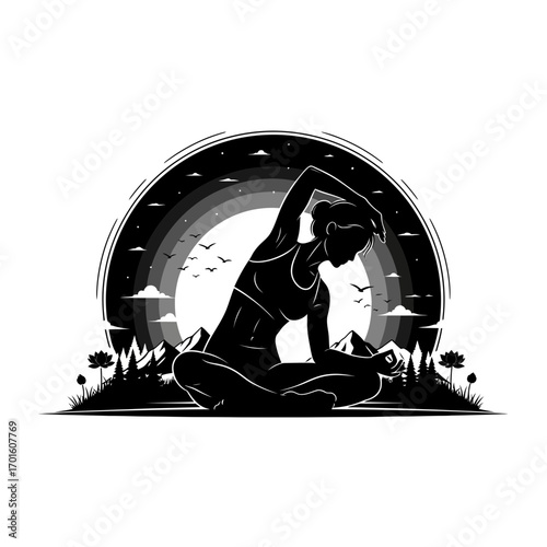 Elegant yoga silhouette outdoors for wellness and mindfulness in nature, serene landscape backdrop with birds