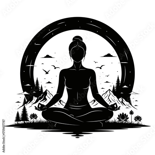 Find inner peace with yoga and nature scenes, mindful meditation in mountains with serenity and balance, vector art