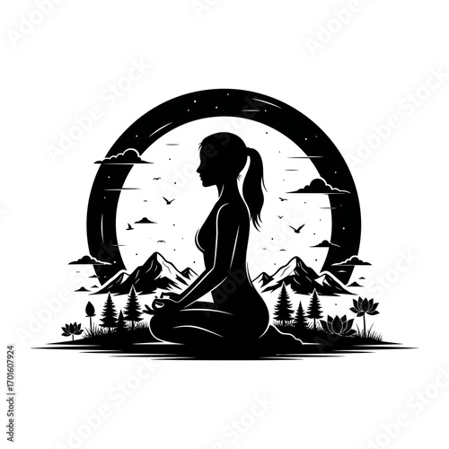 Empowering silhouette of woman meditating in nature with mountain backdrop for mindfulness and wellness campaigns