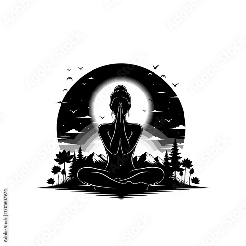 Find inner peace with this elegant yoga silhouette meditation in nature under the moonlight for wellness concepts