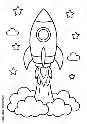 A4 Coloring page for kids rocket with fiery tail launching into the sky through clouds to the stars