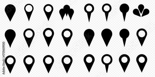 A collection of twenty-one varied black location pin icons displayed on a transparent background.