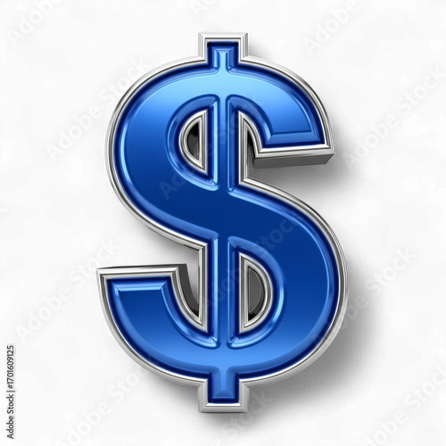 Shiny blue dollar sign symbol with metallic edging isolated on transparent background