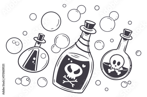 Vector illustration of a bottle, Halloween potion bottles floating with bubble overlays
