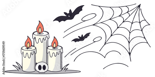 Vertical Halloween candle flames flickering in ghostly mist overlays Illustration Vectors. Spooky lit candles with skull