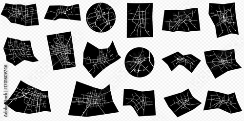 Collection of stylized city maps in black and white, displayed in various shapes and orientations.