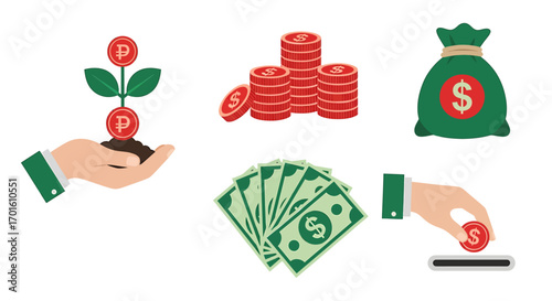 Illustration of various financial concepts including money growth, savings, and investments.