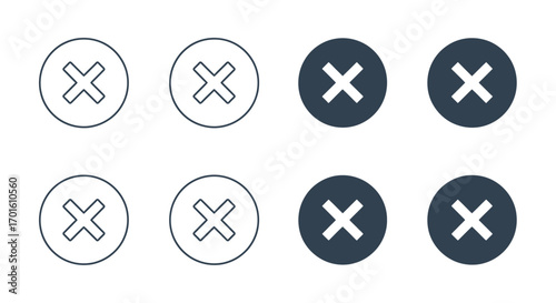 Collection of eight 'X' mark icons in circles, featuring outline and filled variations for user interface design.