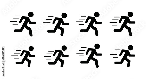 Set of eight running person icons, fast motion.