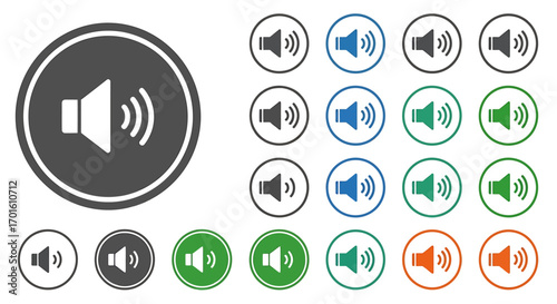 A collection of various speaker icons in different colors and sizes, representing sound and volume controls.