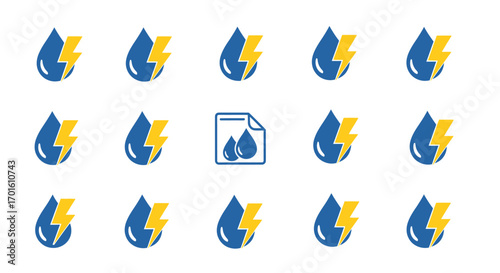Water droplet icons with lightning bolts, and a document icon in the center.