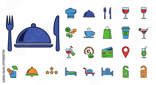 Collection of colorful restaurant and hotel icons.