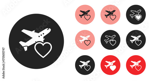 Set of airplane and heart icons symbolizing love for travel or romantic getaways.