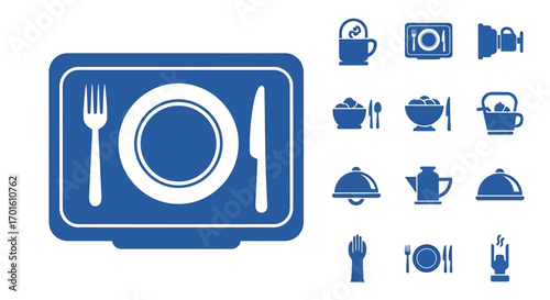 A collection of blue icons representing food and dining, including plates, cutlery, bowls, and serving dishes.