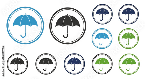 Collection of umbrella icons in various colors and styles, enclosed within circular frames.