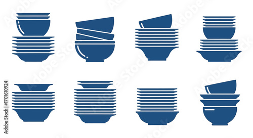Eight different arrangements of stacked blue bowls and plates, illustrating various dinnerware configurations for household use.
