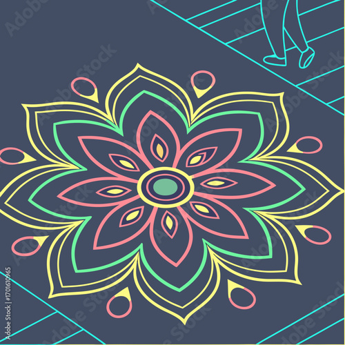 Vibrant chalk art mandala on dark surface with person in the background