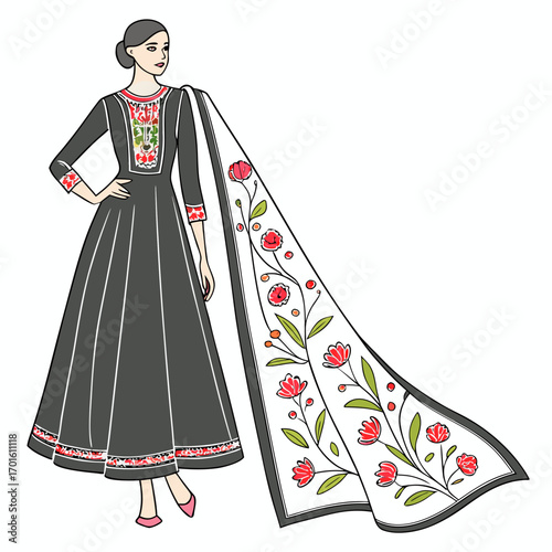Stylish woman in a black dress with floral embroidery